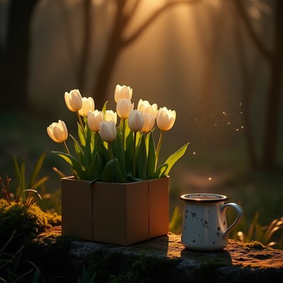 Morning sunlight illuminated vase of white tulips outdoors