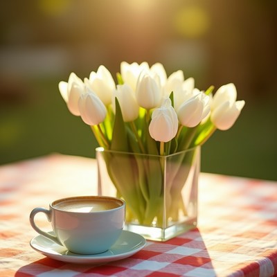 Morning coffee and white tulips on a sunny picnic table