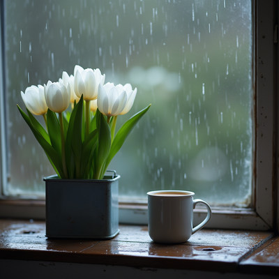 Enjoying a cozy moment with flowers and a warm drink