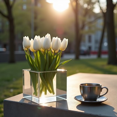 White tulips and coffee at sunset in a city park