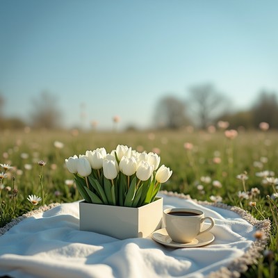 Spring picnic with tulips and coffee in a meadow
