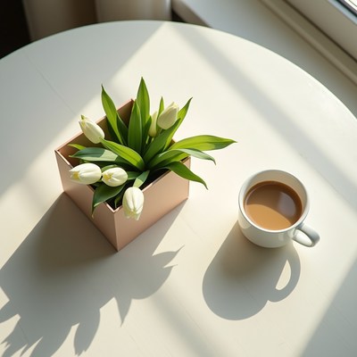 Morning coffee with white tulips by the window