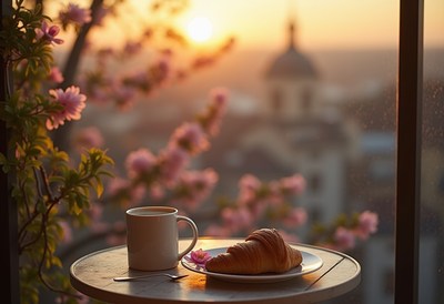 Morning coffee and croissant with sunrise view