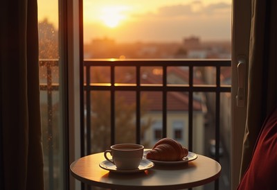 Morning coffee and croissant with a sunrise view
