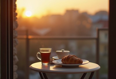 Morning coffee and croissant on balcony at sunrise