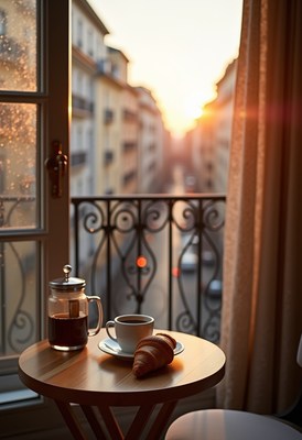 Morning coffee and croissant view from a balcony