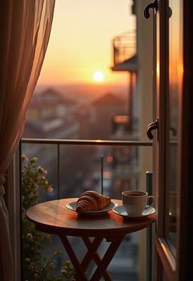 Enjoying breakfast on a balcony at sunset