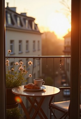Morning coffee and croissant on a balcony at sunrise