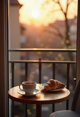 Morning coffee and croissant on a balcony at sunrise