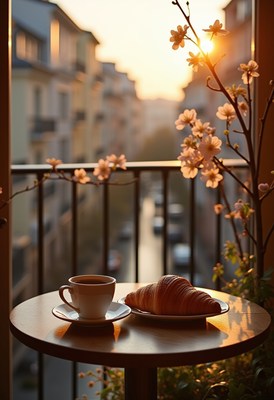 Morning coffee and croissant on a balcony at sunrise