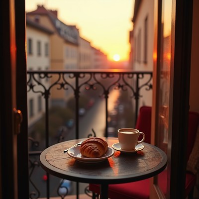 Sunrise balcony breakfast: croissant and coffee