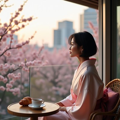 Woman in kimono enjoying tea by cherry blossoms