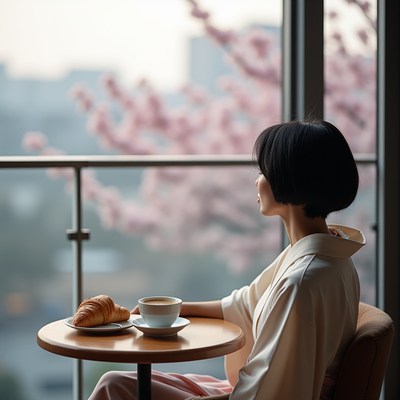 Enjoying coffee with a croissant while admiring blossoms