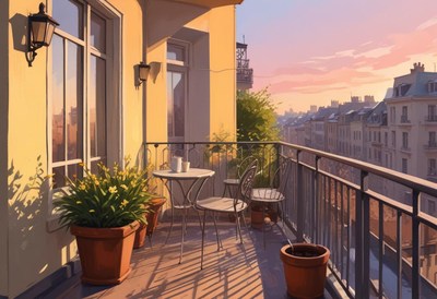 Beautiful balcony view at sunset in a city