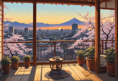 View of cherry blossoms and mount fuji at sunset