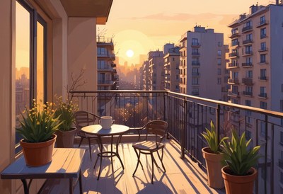 Sunset view from a cozy balcony in a city