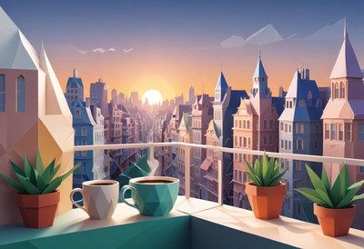 Stunning balcony view at sunrise over a city skyline