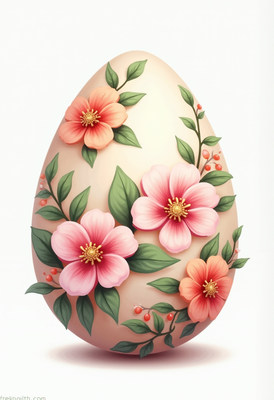 Floral designed egg with vibrant flowers and leaves