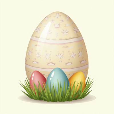 Decoratively painted easter eggs with grass display