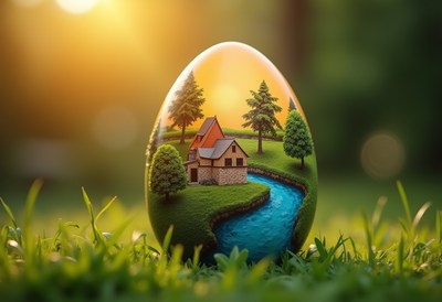 Creative decorative egg with serene landscape at sunset