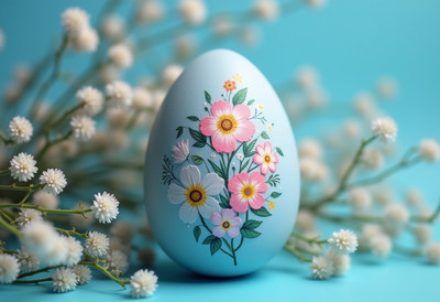 Decorative easter egg with floral designs on blue background