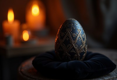 Decorative egg displayed with candlelight ambiance