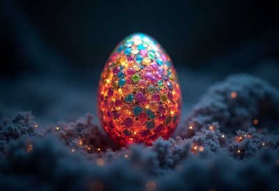 Colorful decorative egg shining in a dark setting