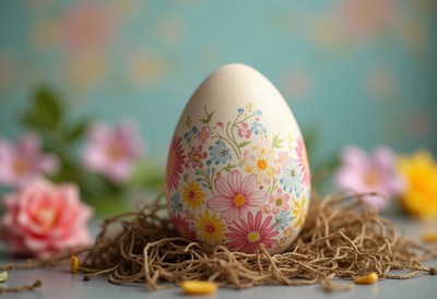 Beautifully decorated easter egg on straw bedding
