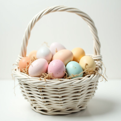 Colorful eggs in a decorative basket for spring celebration