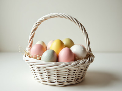 Colorful eggs in a woven basket for spring decoration
