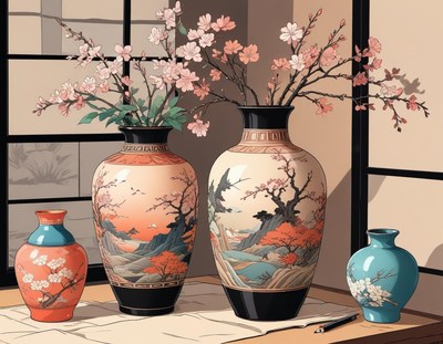 Vases with blooming branches in a minimalist setting