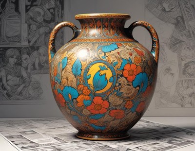 Colorful decorative vase displayed on patterned surface