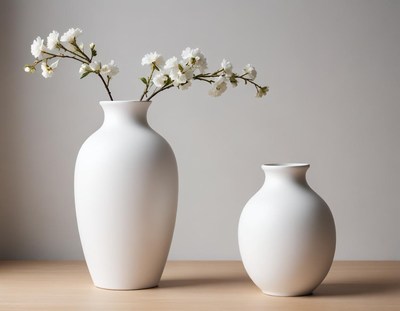 Elegant white vases with blooming branches on a wooden table