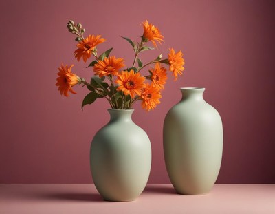 Elegant vases with vibrant orange flowers on display