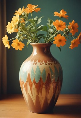 Beautiful vase with orange flowers on wooden table