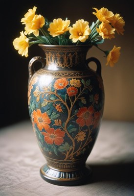 Decorative vase filled with vibrant yellow flowers