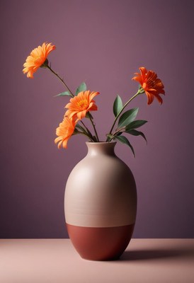 Beautiful orange flowers in a unique vase on a table