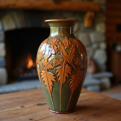 Intricately designed pottery vase displayed indoors
