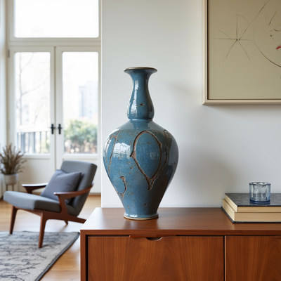 Blue vase on modern wooden sideboard in living room