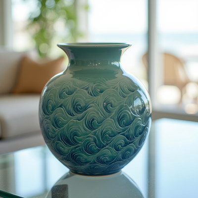 Unique ceramic vase with wave design in bright light