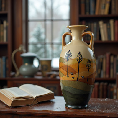 Elegant ceramic vase displayed in a cozy library setting