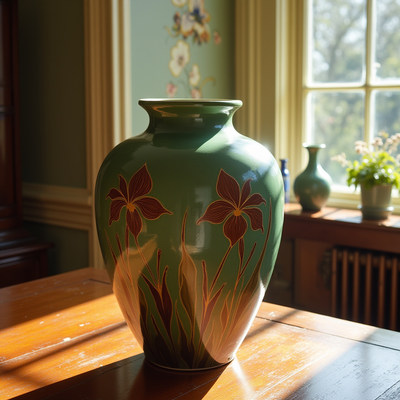 Beautiful green vase with floral design on a wooden table