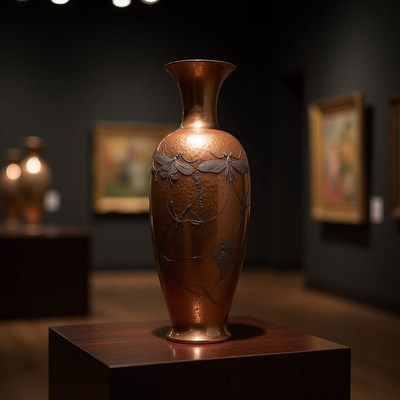 Elegant copper vase displayed in a dimly lit gallery