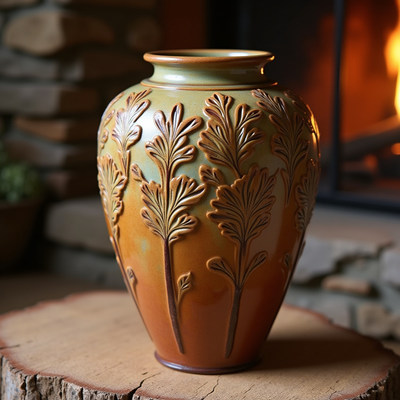 Elegant ceramic vase displayed near a cozy fireplace