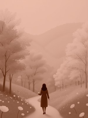 Woman walking through a serene landscape in autumn