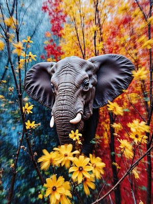 Elephant in vibrant autumn foliage with blooming flowers