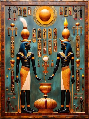 Ancient egyptian deities with hieroglyphics and symbols