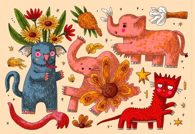 Colorful animal characters with flowers and stars in art