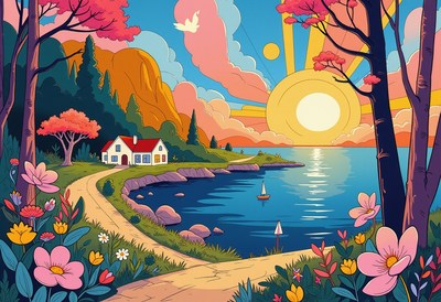 Scenic coastal landscape with vibrant sunset and cottage