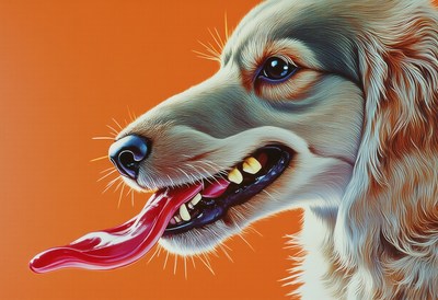 Golden retriever with tongue out against orange background
